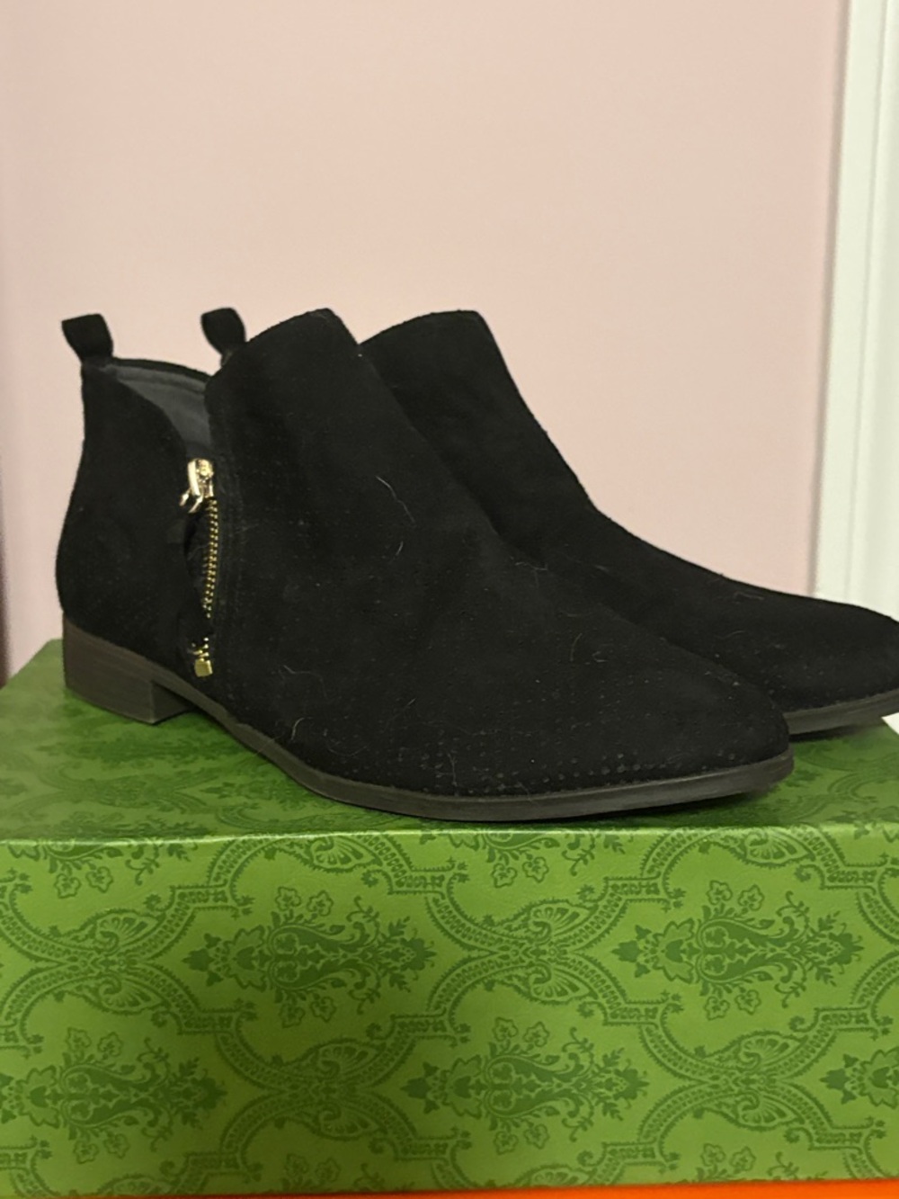 Dr. Scholl's Black Suede Chelsea Booties with Gold Zip